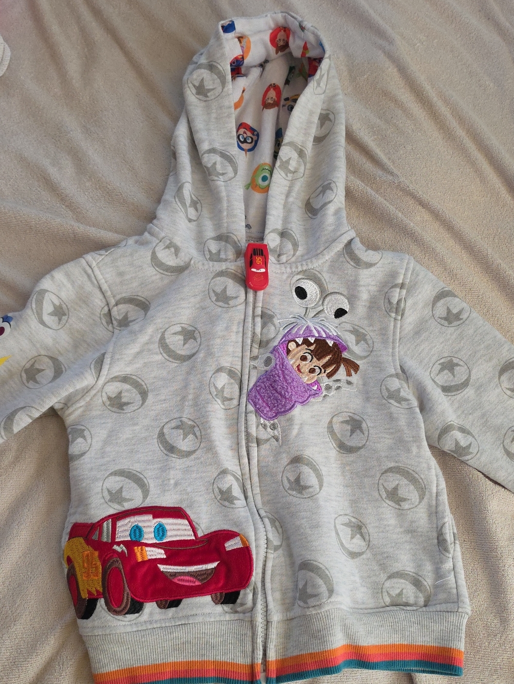 Gray Kids Hoodie One-Piece with Red Car and Character Appliqué